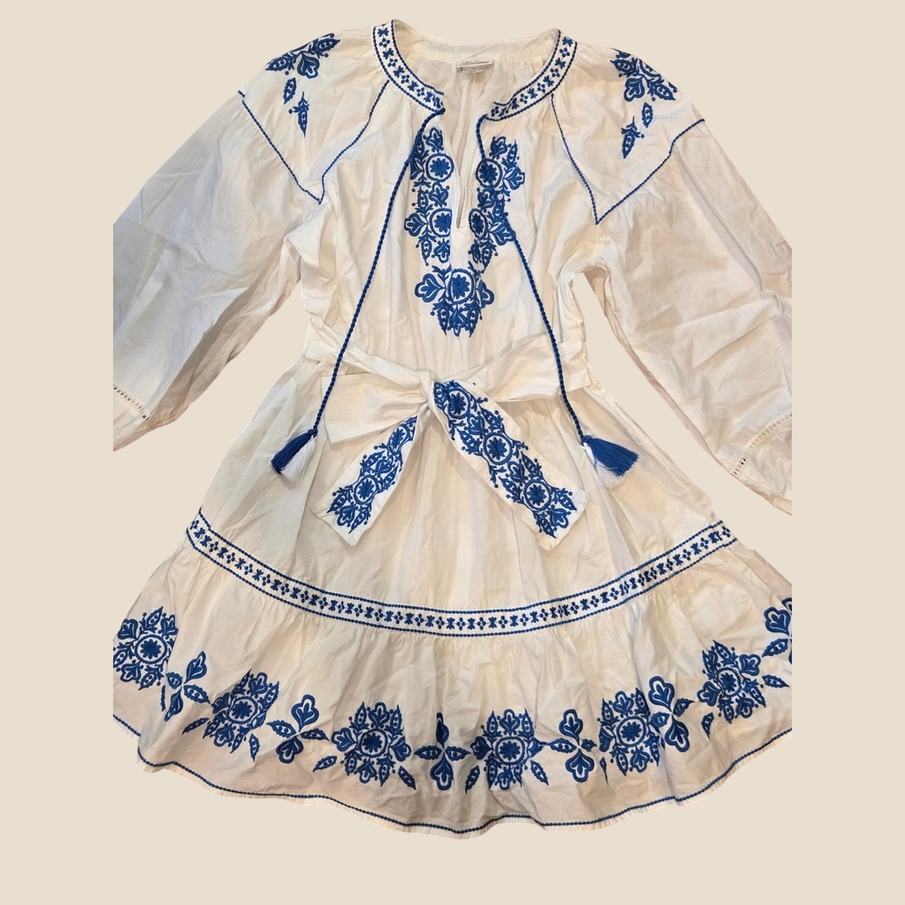Shoshanna White Blue Embroidered Cotton Boho Mini Dress Tassel Belt 7879538 Sz 8